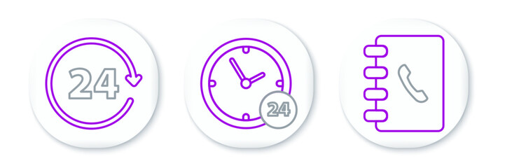Set line Address book, Clock 24 hours and icon. Vector