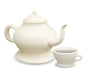 Vector 3d illustration white porcelain teapot with cup on white background. Realistic image of kitchenware. Kettle and cup for recipes, banners and your design