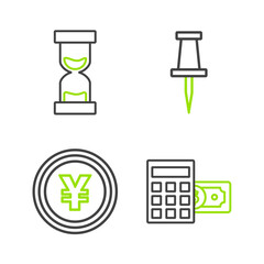 Set line Calculator with dollar symbol, Coin money Yen, Push pin and Old hourglass flowing sand icon. Vector