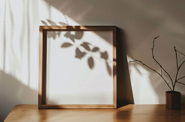Obraz premium wooden frame mockup poster leaning on the white wall above the wooden table lit by sunlight