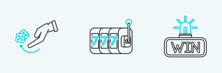 Set line Casino win, Human hand throwing game dice and Slot machine with lucky sevens jackpot icon. Vector
