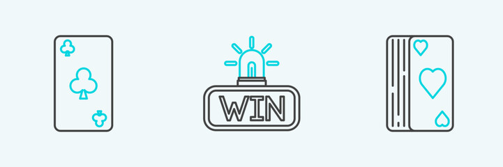 Set line Deck of playing cards, Playing with clubs symbol and Casino win icon. Vector