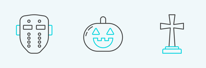 Set line Tombstone with cross, Hockey mask and Pumpkin icon. Vector
