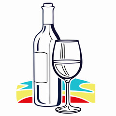 Wine Bottle and Glass Illustration: Beach Setting