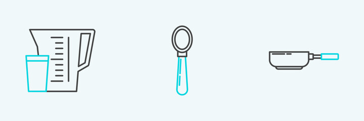 Set line Frying pan, Measuring cup and Spoon icon. Vector