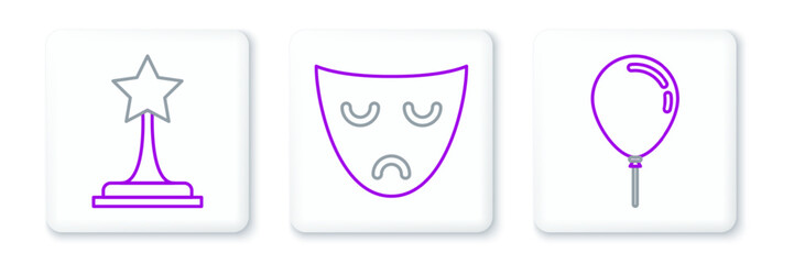 Set line Balloon with ribbon, Movie trophy and Drama theatrical mask icon. Vector
