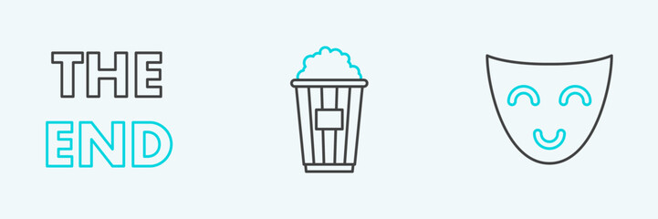 Set line Comedy theatrical mask, The End handwritten inscription and Popcorn cardboard box icon. Vector