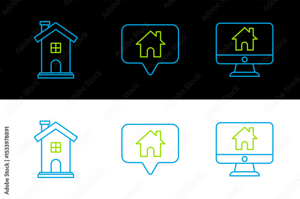Poster set line computer monitor with smart home, home symbol and map pointer house icon. vector