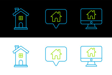 Set line Computer monitor with smart home, Home symbol and Map pointer house icon. Vector