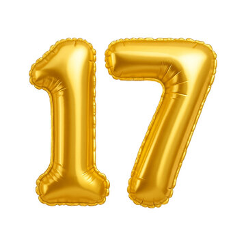 Gold number 17 balloon illustration with festive vibe, perfect for birthday greetings and celebration designs