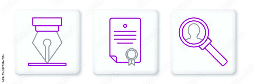 Poster set line magnifying glass for search, fountain pen nib and certificate template icon. vector