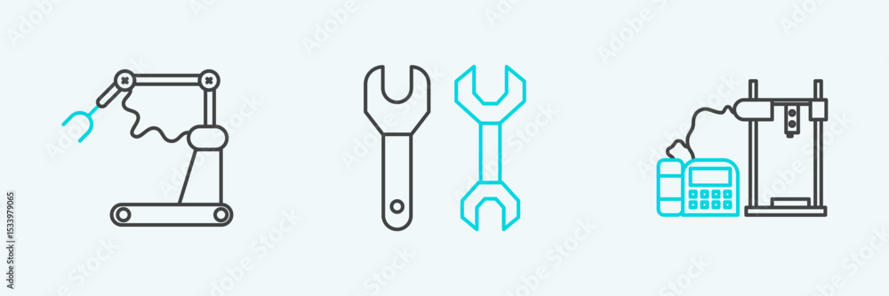 Poster set line 3d printer, industrial machine robotic robot arm hand factory and spanner icon. vector