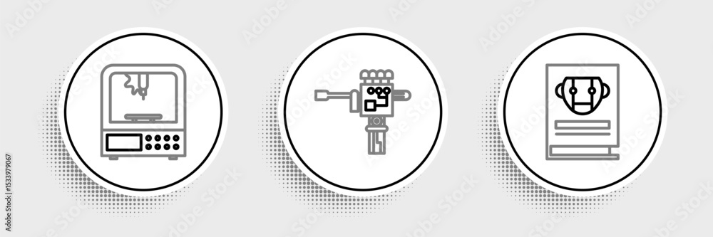 Poster set line user manual, 3d printer and mechanical robot hand and screwdriver icon. vector