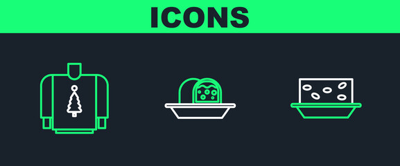 Set line Nougat with nuts, Christmas sweater and Marzipan sponge cake icon. Vector