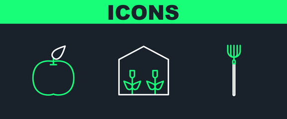 Set line Garden pitchfork, Apple and Home greenhouse and plants icon. Vector