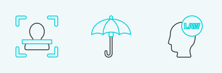 Set line Head with law, Face recognition and Umbrella icon. Vector