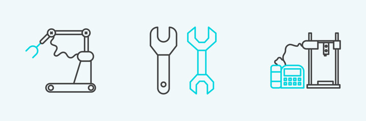 Set line 3D printer, Industrial machine robotic robot arm hand factory and Spanner icon. Vector