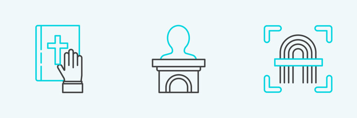 Set line Fingerprint, Oath on the Holy Bible and Stage stand or debate podium rostrum icon. Vector