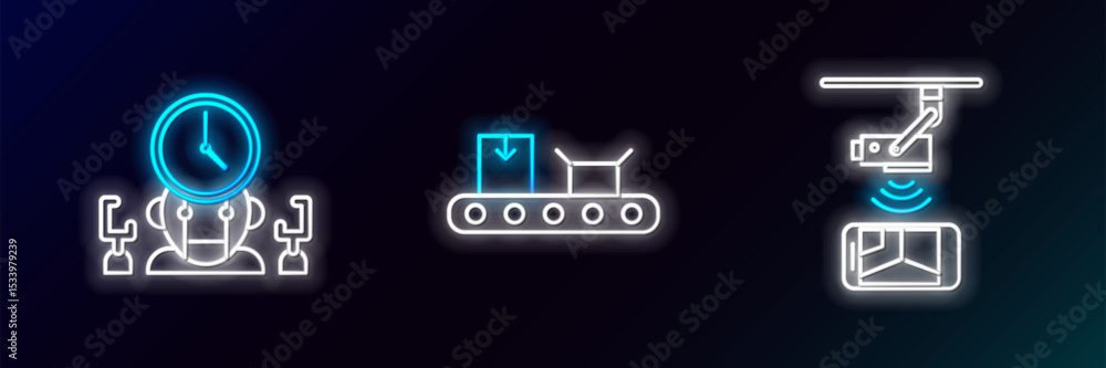 Poster set line wireless controlling cctv security camera, robot and digital time manager and conveyor belt