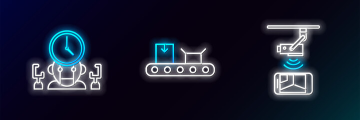 Set line Wireless Controlling CCTV security camera, Robot and digital time manager and Conveyor belt with cardboard box icon. Glowing neon. Vector