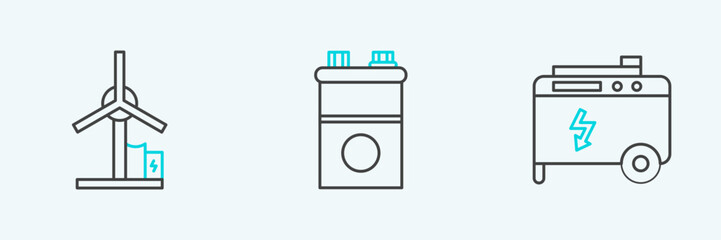 Set line Portable power electric generator, Wind turbine and Car battery icon. Vector