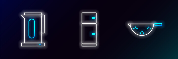 Set line Kitchen colander, Kettle with handle and Refrigerator icon. Glowing neon. Vector