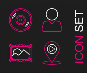 Set line Digital media play with location, Picture landscape, Add to friend and Vinyl disk icon. Vector