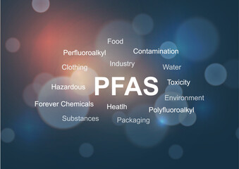PFAS word cloud infographic template with typography showing contamination toxicity environment health hazardous chemicals. Environmental awareness poster design for educational presentations. Vector
