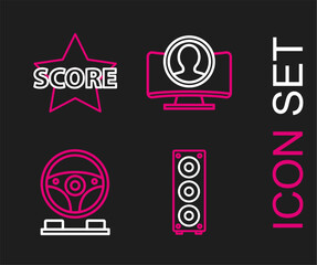 Set line Stereo speaker, Racing simulator cockpit, Create account screen and Star icon. Vector