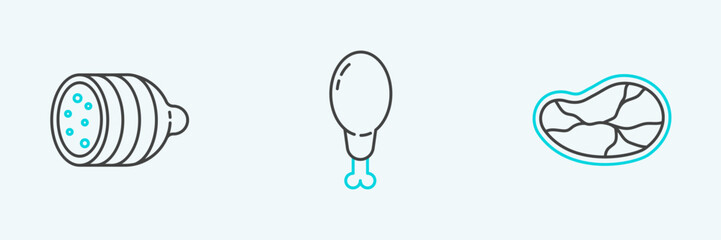 Set line Steak meat, Salami sausage and Chicken leg icon. Vector
