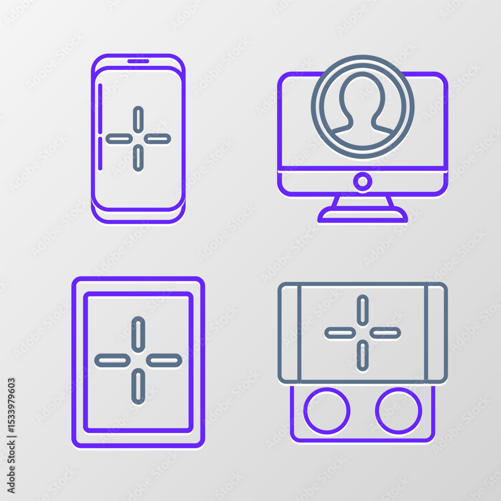 Poster set line portable video game console, tablet, create account screen and smartphone and playing in ic