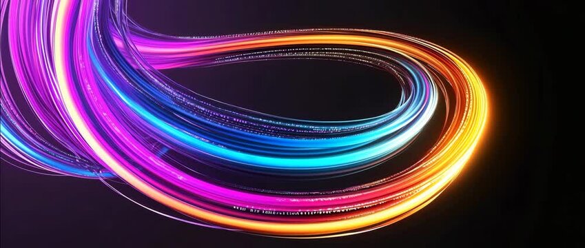 Futuristic data flow animation with glowing neon lines and binary code stream in loop movement, representing digital network and AI technology background