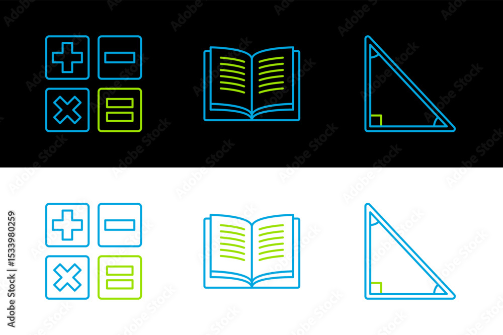 Aufkleber set line triangle math, calculator and open book icon. vector