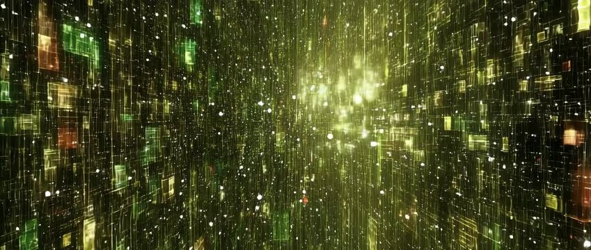 Digital matrix city glowing with data particles and neon lights in infinite futuristic motion, digital matrix city animation for cyber technology and virtual reality backgrounds