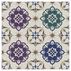Geometric floral tile seamless pattern with symmetrical star petals in deep jewel tones of navy, emerald, and purple. Ideal for surface design, modern wallpaper, textiles, digital wrapping paper, and 
