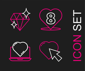 Set line Heart and cursor click, Online dating app chat, with 8 March and Diamond icon. Vector