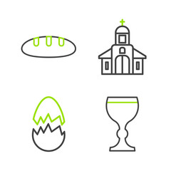 Set line Wine glass, Broken egg, Church building and Bread loaf icon. Vector