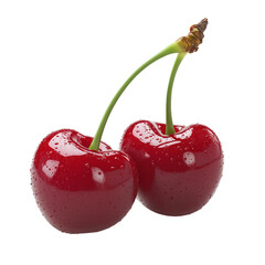Two fresh, red cherries isolated on a transparent background,
