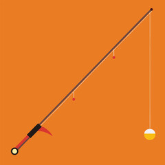 Fishing Rod with Bobber Isolated on Orange Background Flat Vector Illustration
