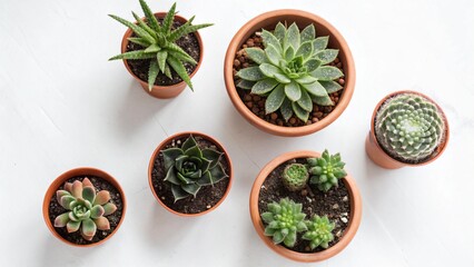 Top view of assorted succulents in small terracotta pots on a clean white table — overhead style.