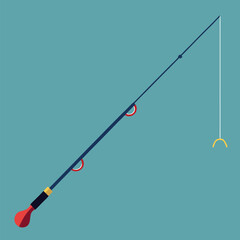 Fishing Rod with Bobber Isolated on Orange Background Flat Vector Illustration
