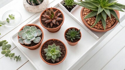 Top view of assorted succulents in small terracotta pots on a clean white table 