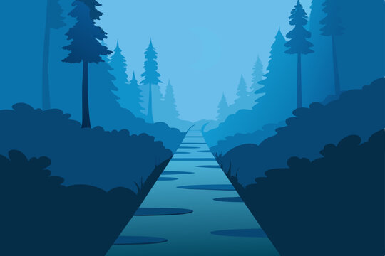 Vector illustration of a blue forest path with trees and bushes
