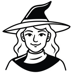 Black and White Vector Line Art of Minimal Witch Silhouette