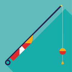 Fishing Rod with Bobber Isolated on Orange Background Flat Vector Illustration
