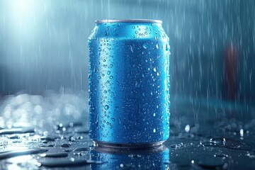 Blue can, rain drops, wet surface