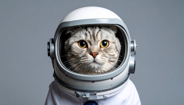 Generated image Funny cat astronaut in a space suit with a helmet on a gray background. British cat 