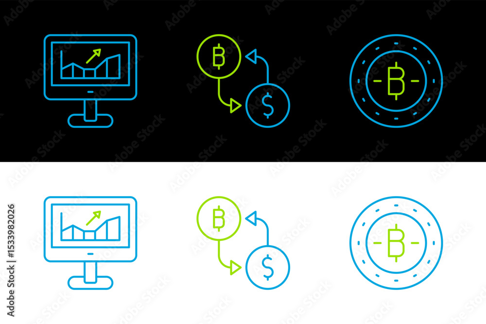 Poster set line bitcoin, computer with growth graph and cryptocurrency exchange icon. vector