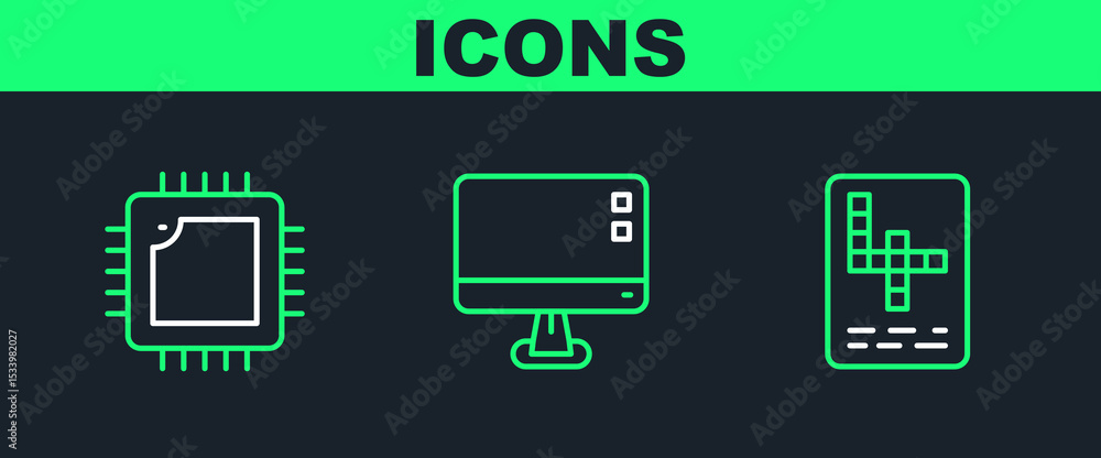 Poster set line crossword, processor with cpu and computer monitor screen icon. vector