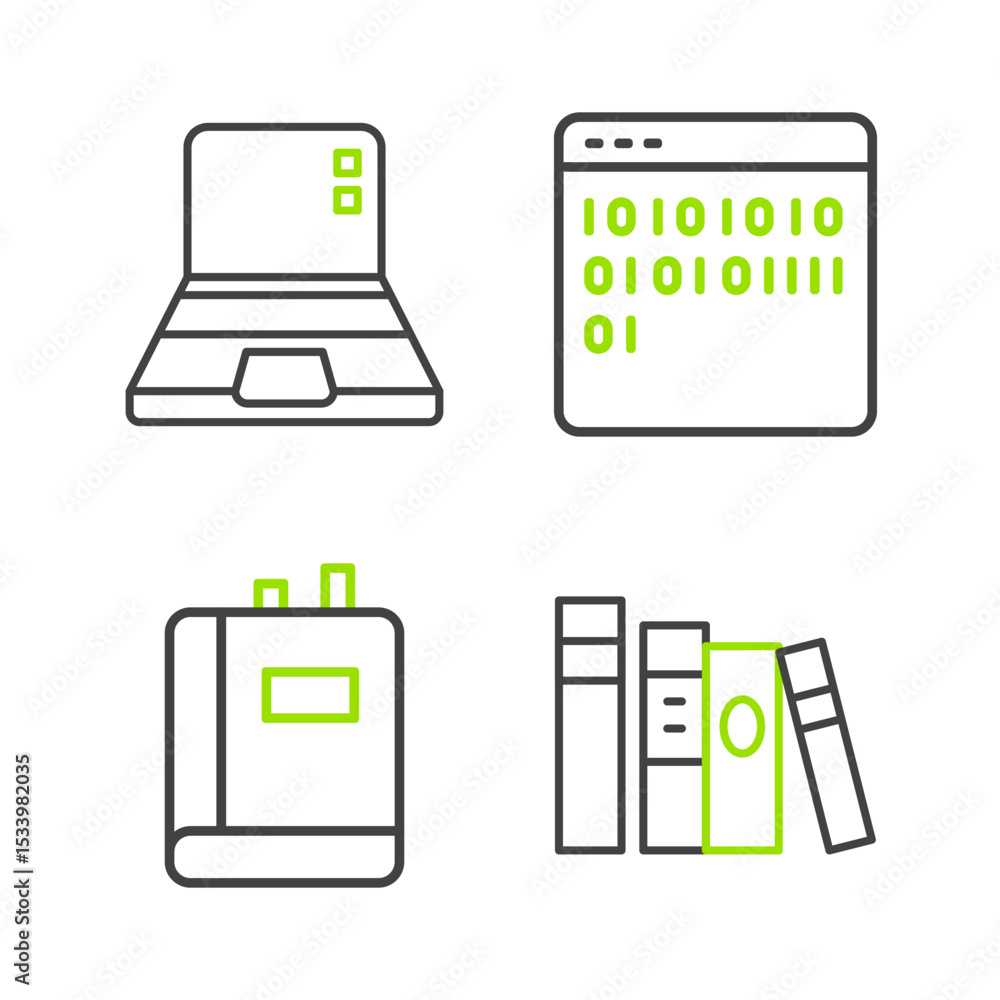 Poster set line book, binary code and laptop icon. vector